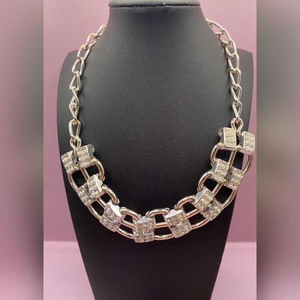 Rhinestone Pave Square Link Statement Necklace Silver Tone Chunky Chain Women